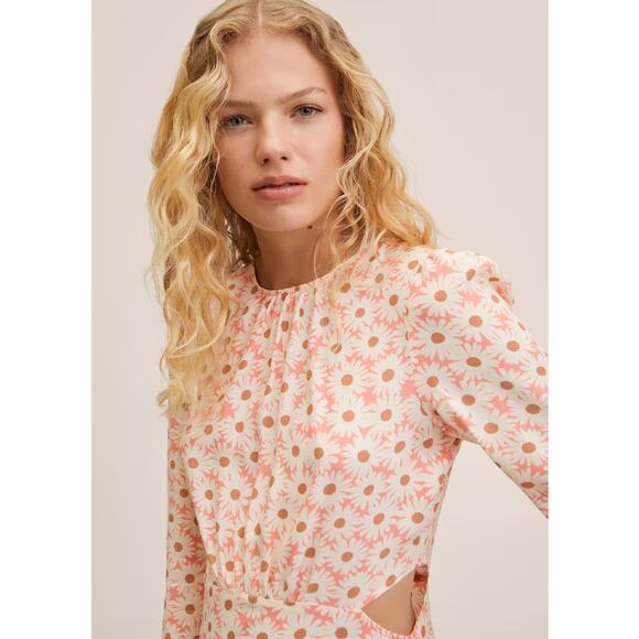 MNG Midi Dress Cut Out Daisy Floral Print Long Sleeve Pink White Womens Size XXL - Picture 2 of 16